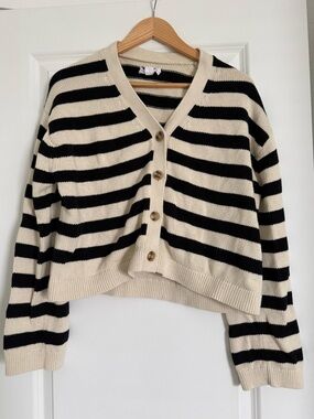 Velvet by Graham & Spencer Black & Cream Striped V-Neck Cardigan